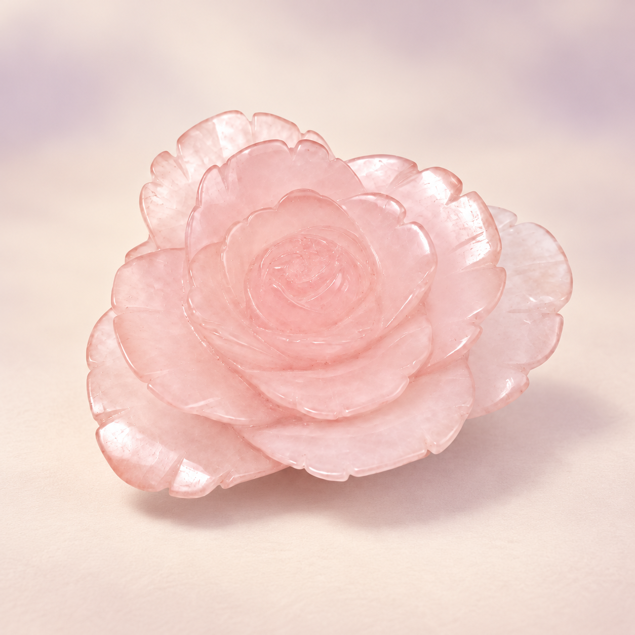 Rose quartz flower carving on a warm cream surface
